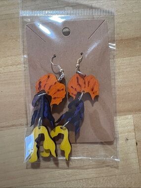Colorful Layered Wooden Dangle Earrings - Orange, Purple, Yellow